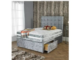 Luxury Crushed Velvet Divan Bed Sets with Memory Foam Mattress & Cubed Headboard (Free Delivery)